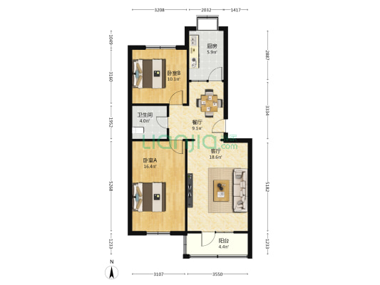 一毛厂家属院（吴家园西街） 2室2厅1卫 75平方