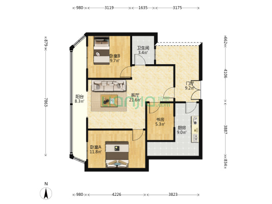 旺龙苑小区 3室1厅1卫 77平方