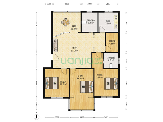青春花园 3室2厅2卫 140平方