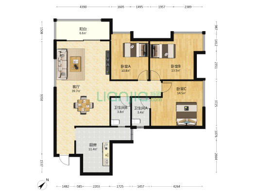 寰泰世纪新城 3室1厅2卫 128平方