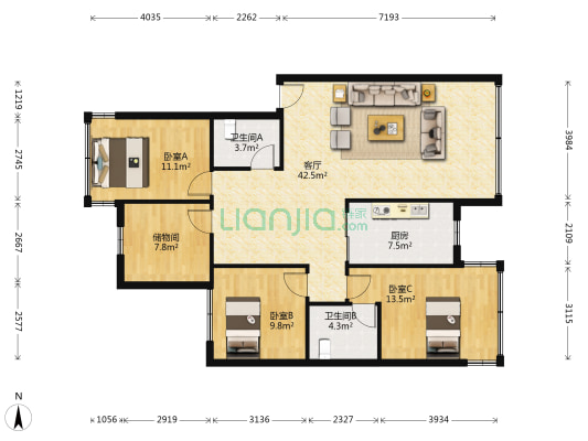 利鑫苑 3室1厅2卫 125平方