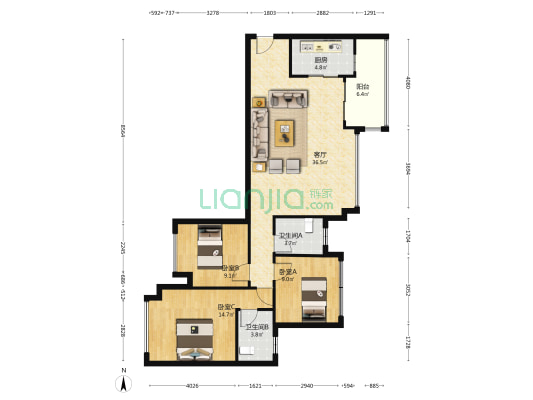 锦绣花城北区 3室1厅2卫 106平方