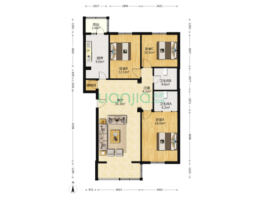 龙跃苑东五区 3室1厅2卫 123平方