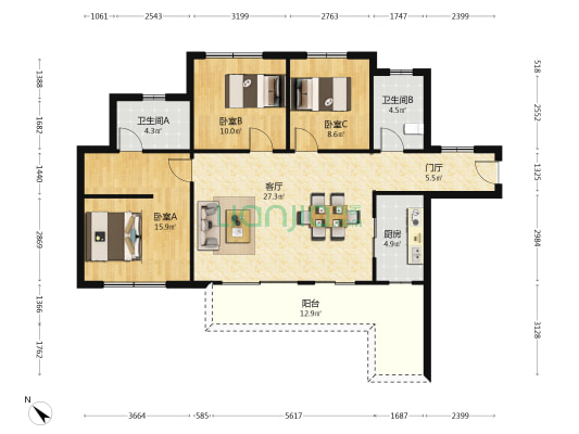 朗悦府嘉园 3室1厅2卫 122平方