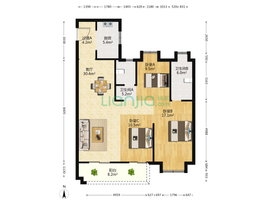 汉口道6号 3室1厅2卫 125平方
