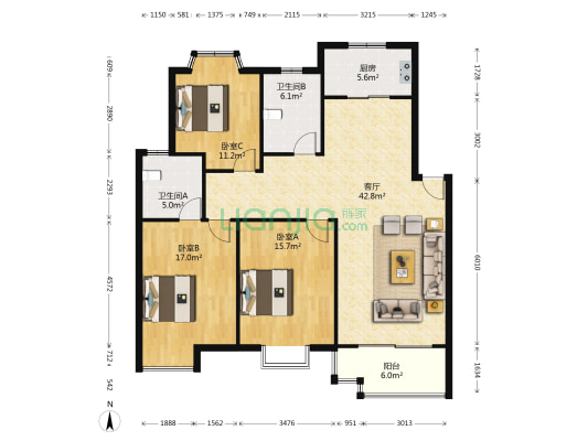 九龙豪苑 3室1厅2卫 126平方