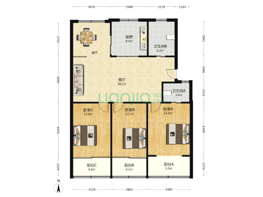 回笼小区 3室1厅2卫 130平方