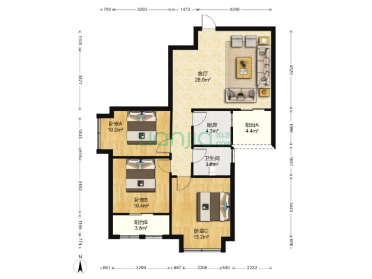 洪塘新城 3室1厅1卫 91平方