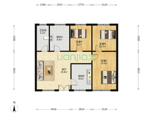 黄炉屯 3室1厅1卫 63平方