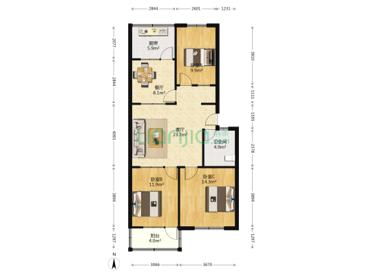 司法局宿舍 3室2厅1卫 97平方