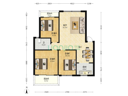 金汉花园 3室1厅1卫 96平方