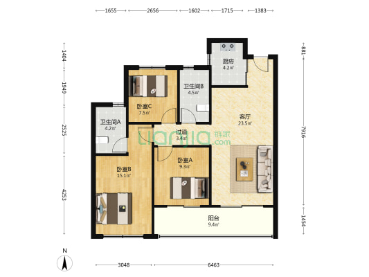 中旅时光里 3室1厅2卫 98平方