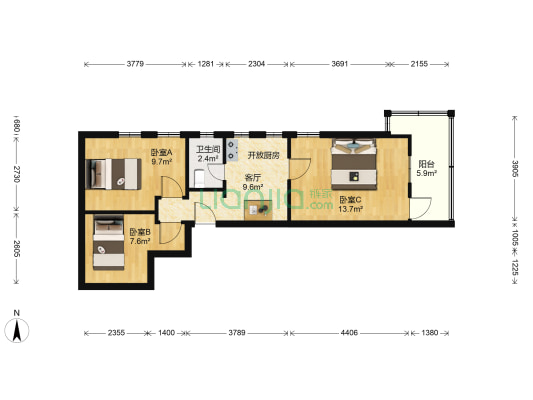 未央村 3室1厅1卫 63平方