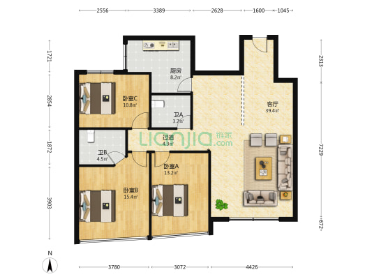嘉利莱小区 3室1厅2卫 122平方