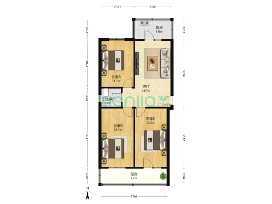 廊北小区 3室1厅1卫 93平方