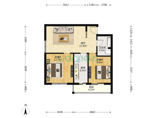 景熙国际 2室1厅1卫 82平方