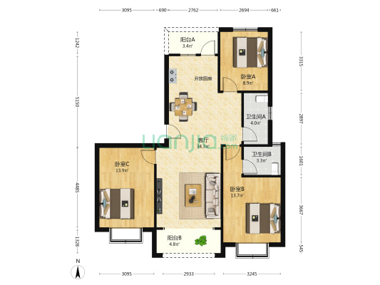 满庭悦 3室1厅2卫 117平方