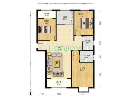 祥云瑞景二期 3室1厅2卫 127平方