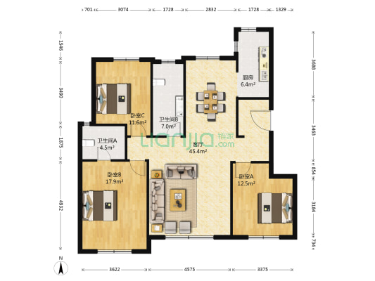 鼎盛朗庭园 3室1厅2卫 128平方