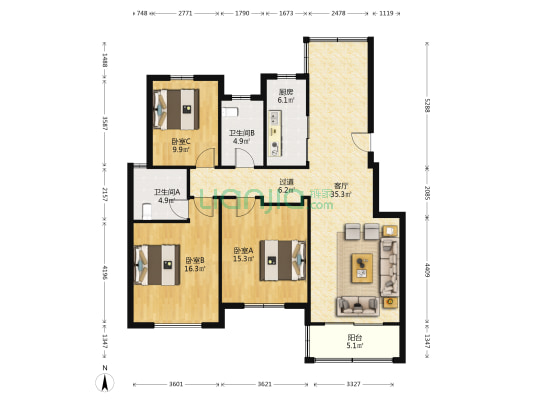 恒丰园 3室1厅2卫 127平方