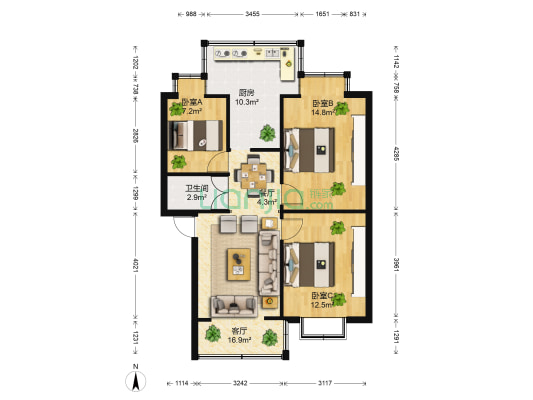 棕树营小区翠云里 3室2厅1卫 75平方