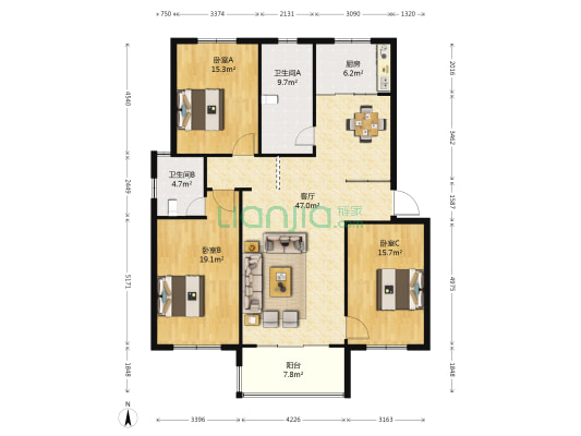四季阳光东区 3室1厅2卫 142平方