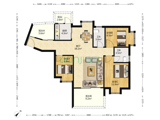 和富湖畔公馆 3室1厅2卫 109平方
