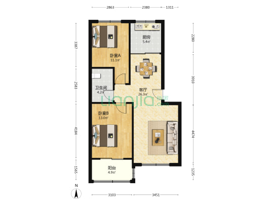 乐天小区一区 2室1厅1卫 80平方