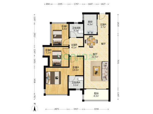 时代保利中环广场南区 3室1厅2卫 89平方