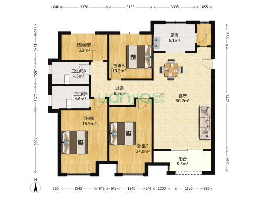郑地美景东望三期 3室1厅2卫 136平方