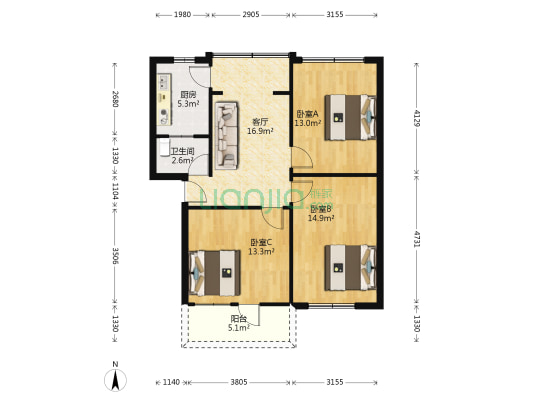 玉林北街4号 3室1厅1卫 76平方