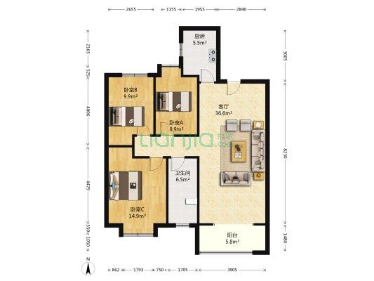 新晋世家 3室1厅1卫 117平方