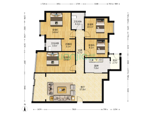 景观名都 4室1厅2卫 124平方