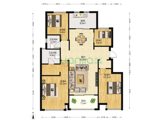 升龙公园道桦园 4室1厅2卫 142平方