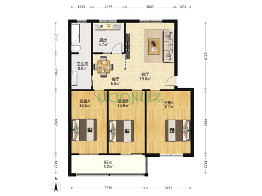 13号院 3室2厅1卫 114平方