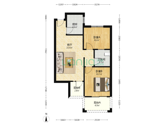 润泽嘉苑 2室1厅1卫 75平方