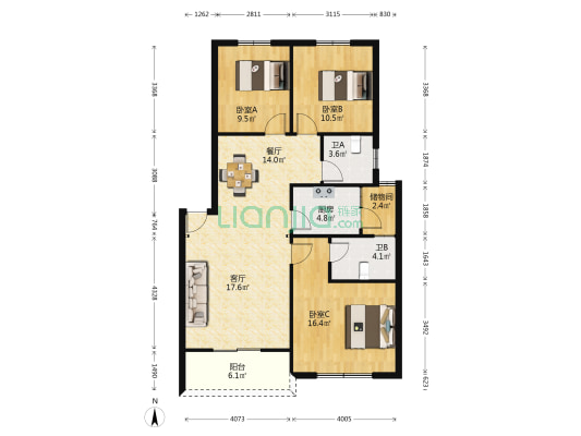银河小区 3室2厅2卫 107平方