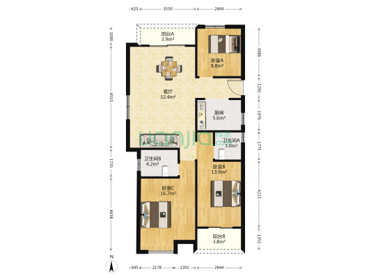 滨月轩一组团 3室1厅2卫 120平方