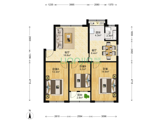 秀灵小区 3室2厅1卫 83平方