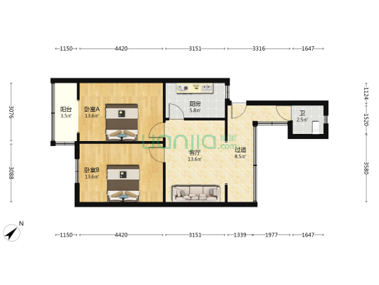 粮食局家属区 2室1厅1卫 89平方