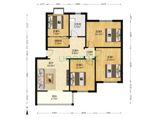 凤城二路3号 4室1厅1卫 103平方
