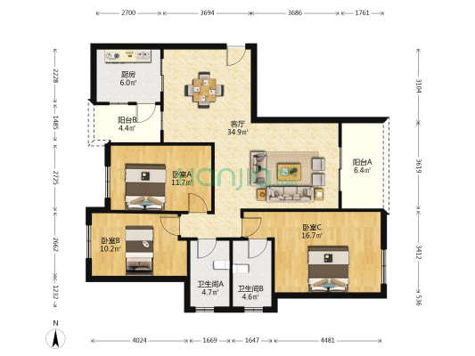 海伦堡院子 3室1厅2卫 109平方