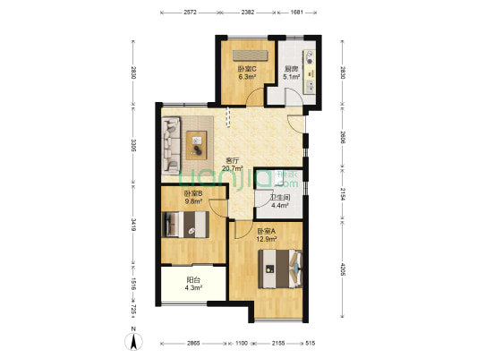 中豪四季公馆 3室1厅1卫 85平方