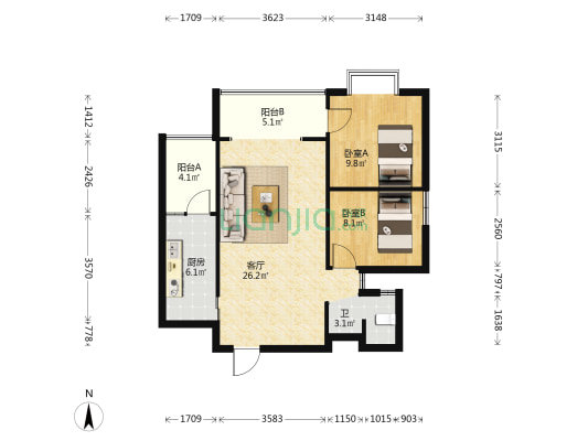 西楚花园 2室1厅1卫 78平方
