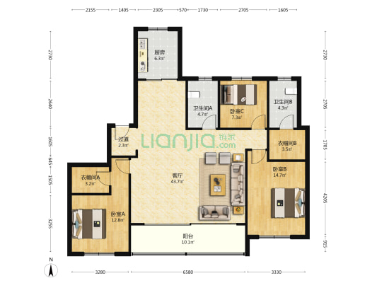 颐和源璟 3室1厅2卫 149平方