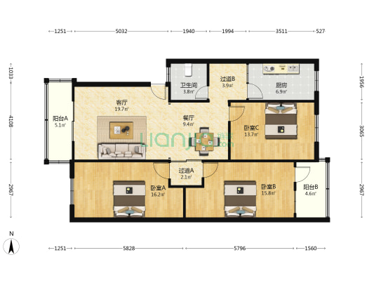 开封市西环路干休所 3室2厅1卫 127平方