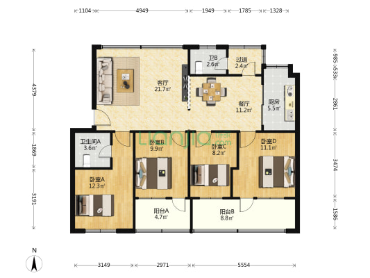 湖南中医学院梨子山宿舍楼 4室2厅2卫 112平方