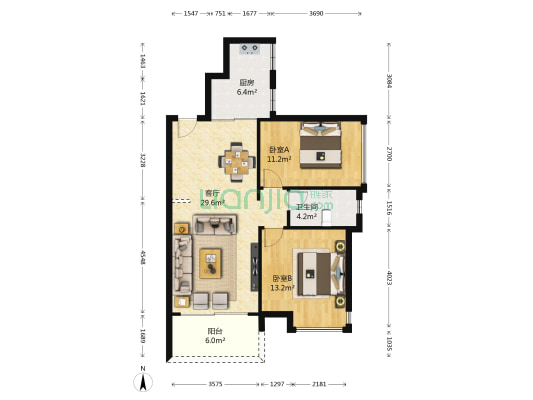 越秀可逸阳光 2室1厅1卫 83平方