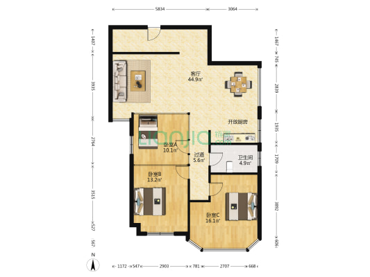 东方丽景大厦 3室1厅1卫 126平方