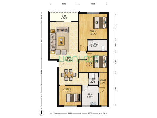 西城科景小区 3室1厅2卫 116平方